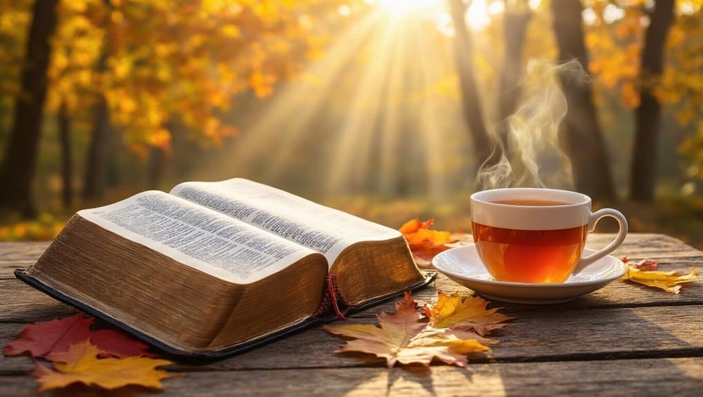 Open Bible and steaming tea cup on wooden table amid autumn leaves in a peaceful outdoor setting, perfect for prayer, study, and reflection inspired by My Bible Song.