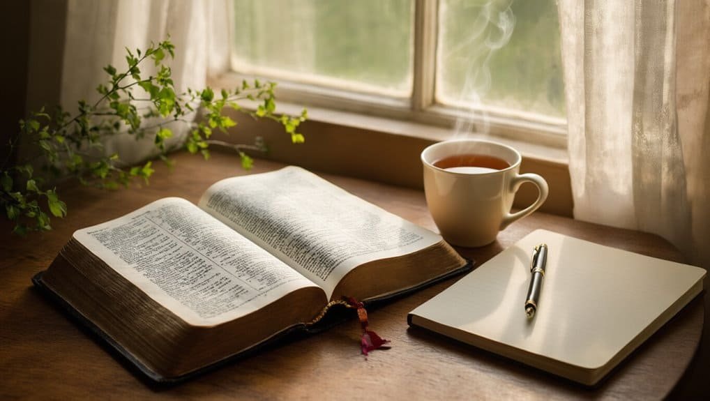 Beautiful open Bible on a wooden desk with a cup of tea, a notebook, and a pen, illuminated by soft natural light coming through a window, creating a peaceful setting for prayer or Bible study.
