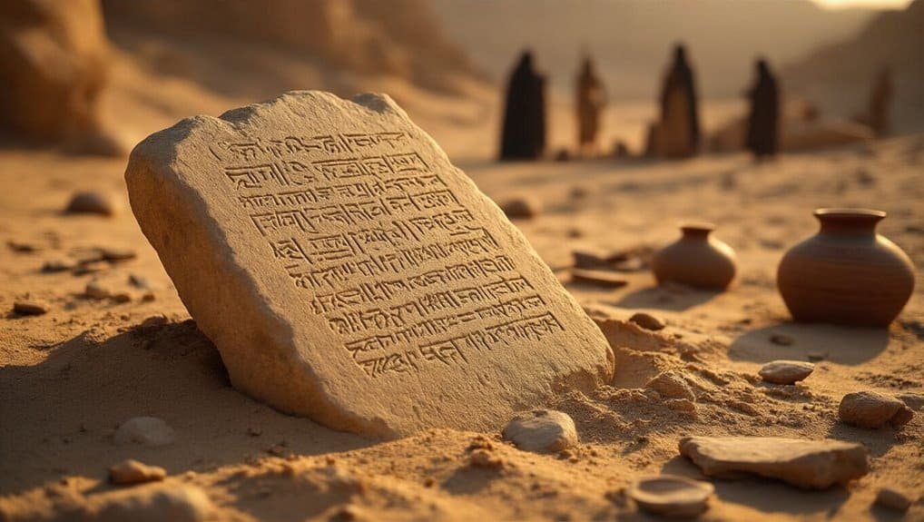 Ancient stone tablet with biblical inscriptions in a desert landscape, with clay pots and distant figures, illustrating biblical history and faith themes from My Bible Song site.