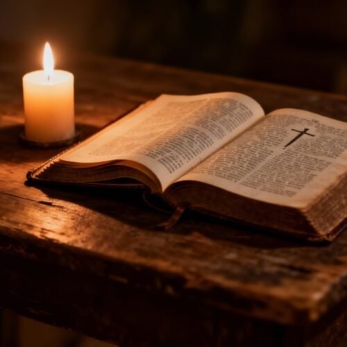 1. Open Bible on rustic wooden table illuminated by candlelight, emphasizing faith and devotion in Christian worship and prayer.