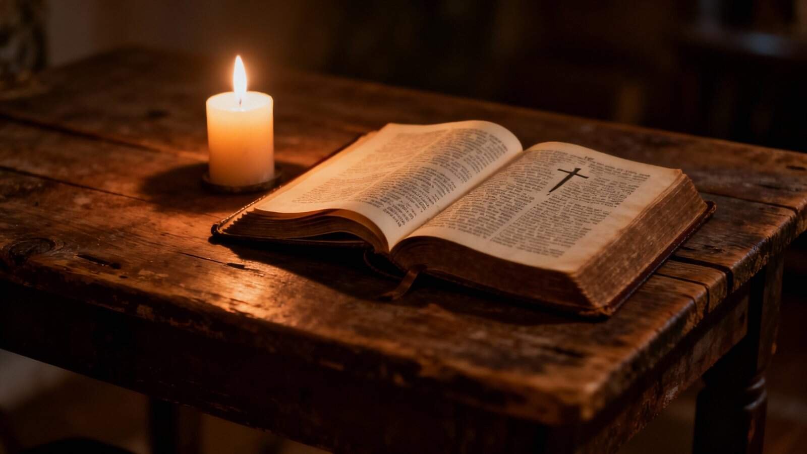 1. Open Bible on rustic wooden table illuminated by candlelight, emphasizing faith and devotion in Christian worship and prayer.
