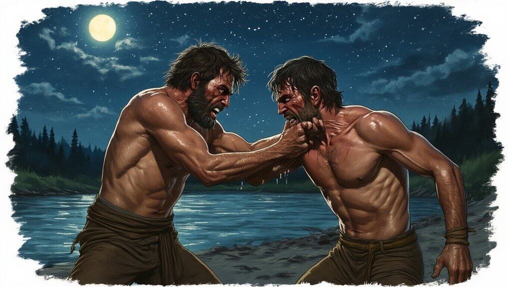 1. Intense biblical scene of two men fighting by the river under moonlight, symbolizing spiritual battles and faith, from My Bible Song.