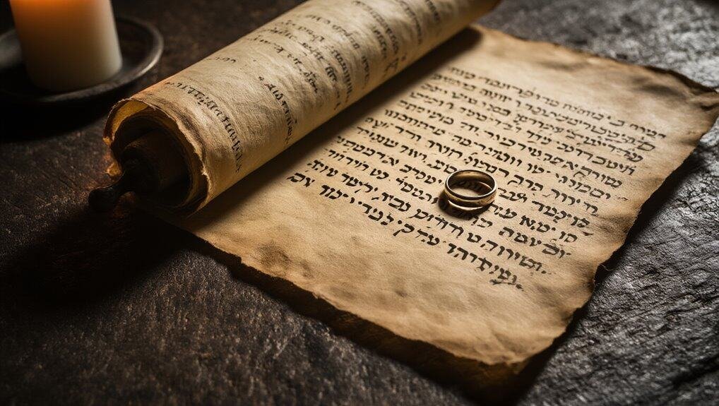 Ancient scroll with Hebrew text and wedding rings, symbolizing biblical love and faith, perfect for Christian wedding or religious Bible-themed content.