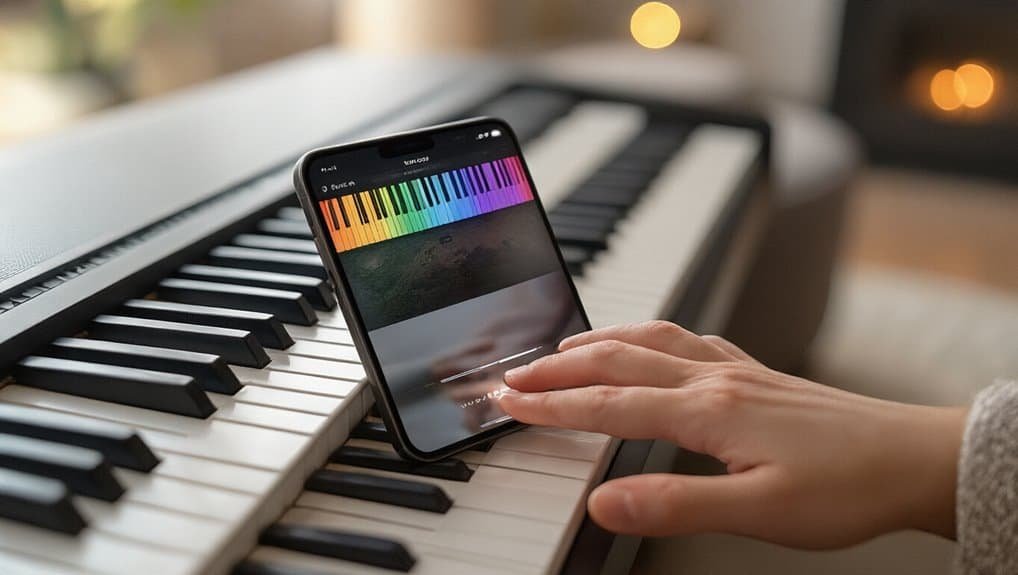 Top 7 Online Piano Apps That Make Practicing Addictive My Bible Song 2026 1. Digital piano keyboard with smartphone displaying a colorful music app, representing modern worship music and Christian song inspiration.