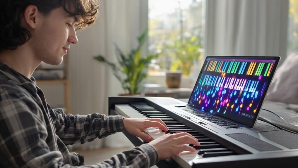 1. Young man playing digital piano with colorful LED music visuals on laptop screen, in a well-lit cozy home setting.