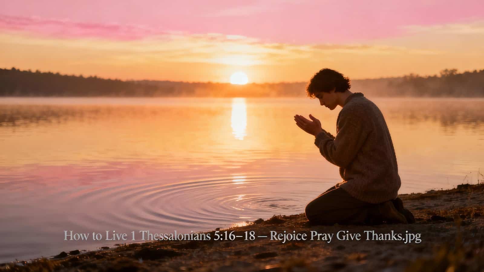 Prayerful young man kneeling at lakeside during sunrise, emphasizing faith, worship, and devotion, with serene water and vibrant sky in the background.