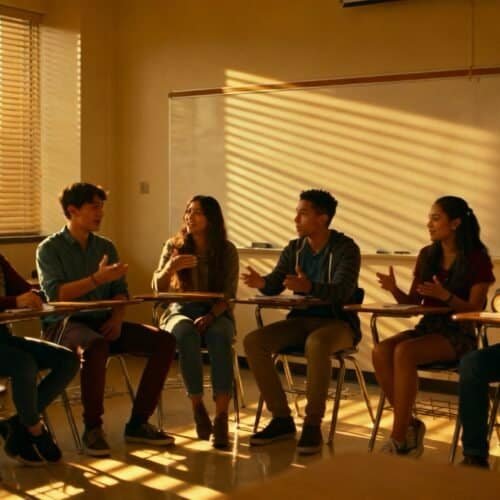 Inspirational youth group singing and practicing Christian hymns in a classroom with sunlight through window blinds for religious education.
