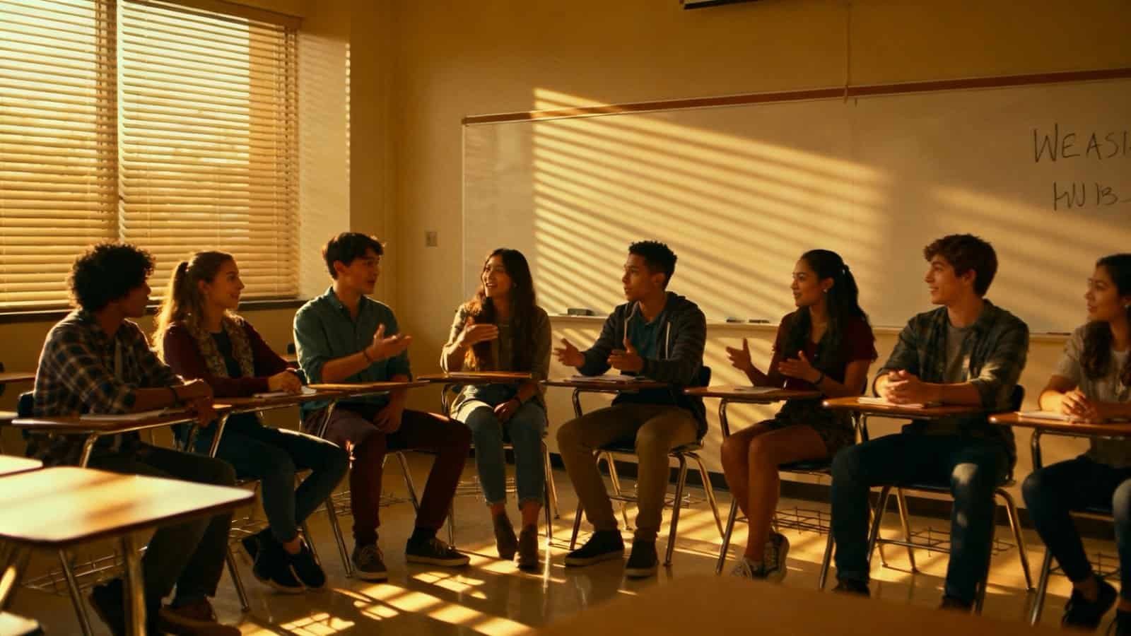 Inspirational youth group singing and practicing Christian hymns in a classroom with sunlight through window blinds for religious education.