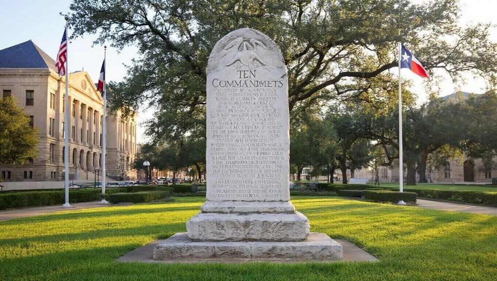 Historic monument engraved with the Ten Commandments, Texas State Capitol grounds, in sunlight with American flags, green lawns, and trees in the background.