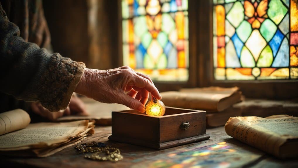 His hand reaching for a glowing Bible verse pendant in a wooden box, with old books and colorful stained glass windows in the background, emphasizing faith and biblical inspiration in a spiritual setting.
