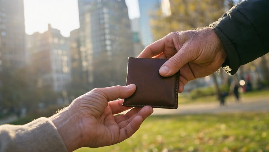 10 Commandments Meaning: What Each Commandment Teaches Us My Bible Song 2026 Wallet exchange, person giving wallet in hand outdoors, symbolic of giving or donation, social interaction, spiritual generosity, sunshine, city park, morning, community service, charity, faith-based activity, kindness, Christian values, My Bible Song relevance.