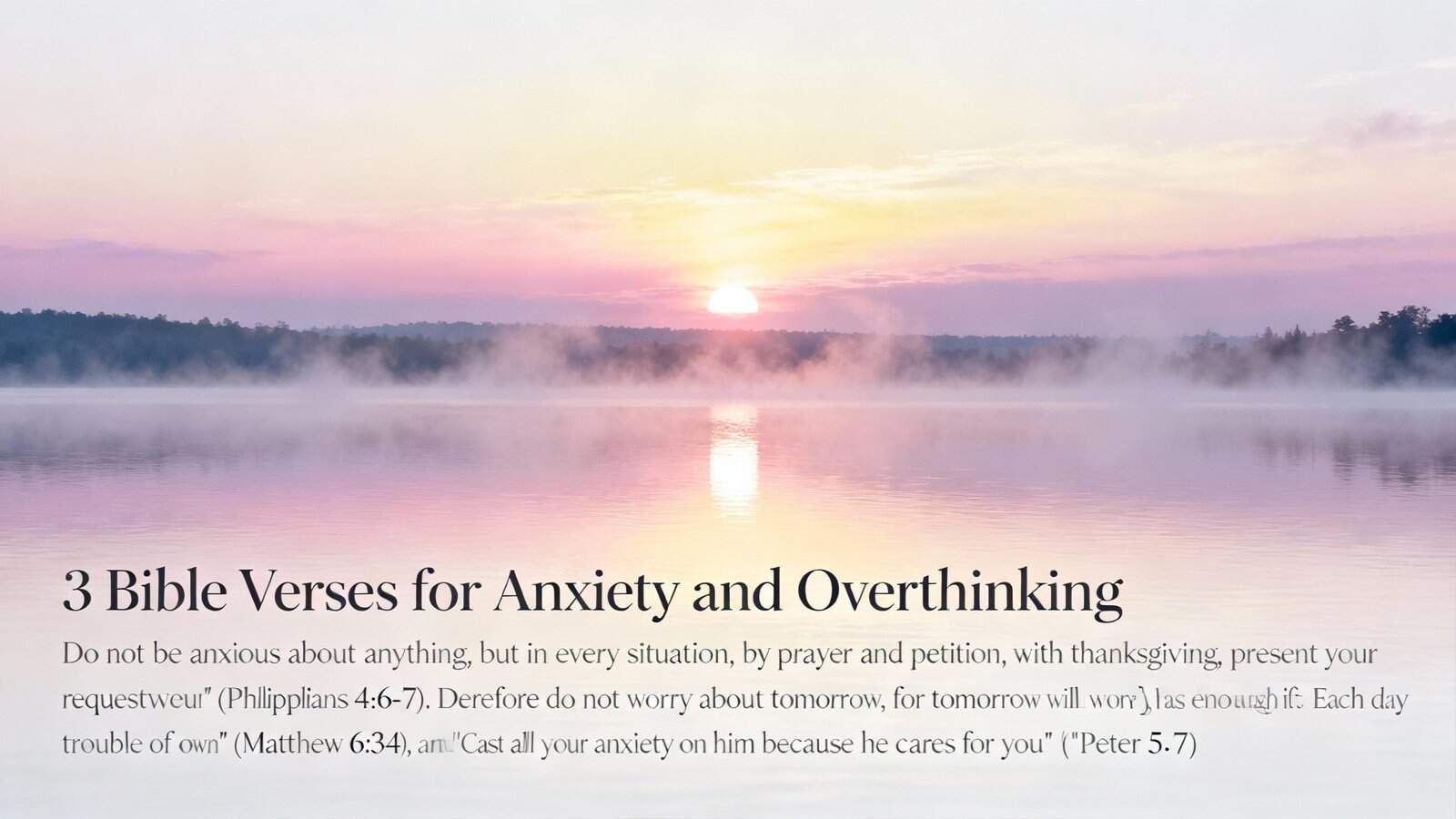 Serene sunrise over lake with mist, calm water, peaceful nature scene, inspiring background for Christian faith, meditation, prayer, and Bible verses, My Bible Song website SEO image.