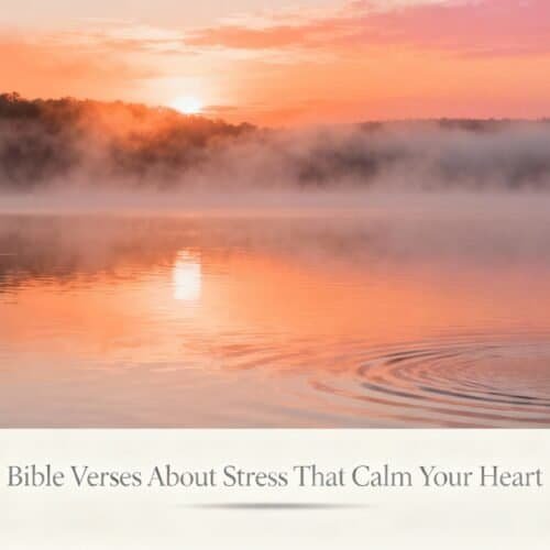 Calm lake at sunrise with mist, representing peace and stress relief, related to biblical verses about calming the heart and finding serenity through faith and scripture.