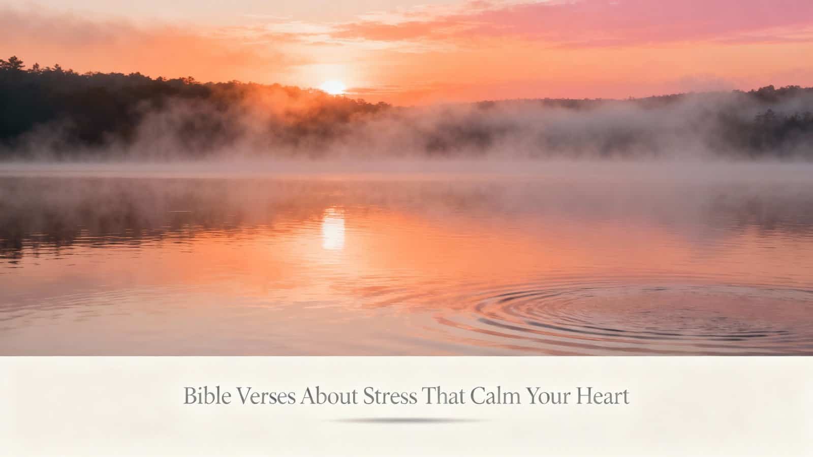 Calm lake at sunrise with mist, representing peace and stress relief, related to biblical verses about calming the heart and finding serenity through faith and scripture.