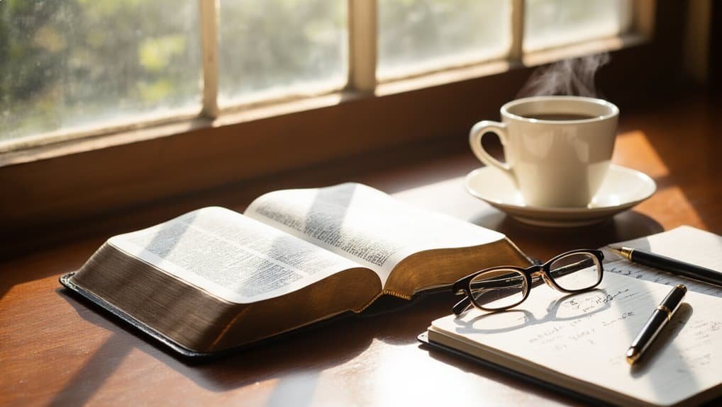 Open Bible and Coffee Mug in a cozy setting, perfect for quiet prayer and worship; ideal image for Christian devotional moments and Christian song inspiration.