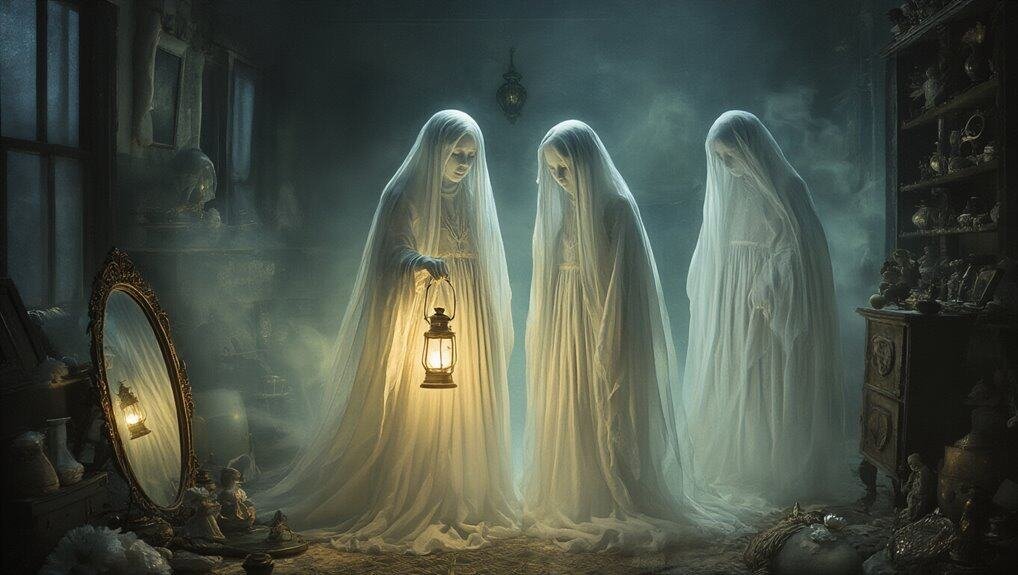 Three ghostly women in white cloaks holding lanterns inside a dimly lit antique room, creating a mysterious and spiritual atmosphere. Perfect imagery for religious or biblical-themed content.