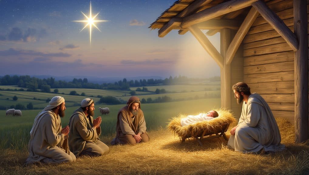 Bright star shining over the nativity scene with Baby Jesus, Mary, Joseph, and shepherds worshipping in a peaceful, pastoral setting at dawn or dusk.