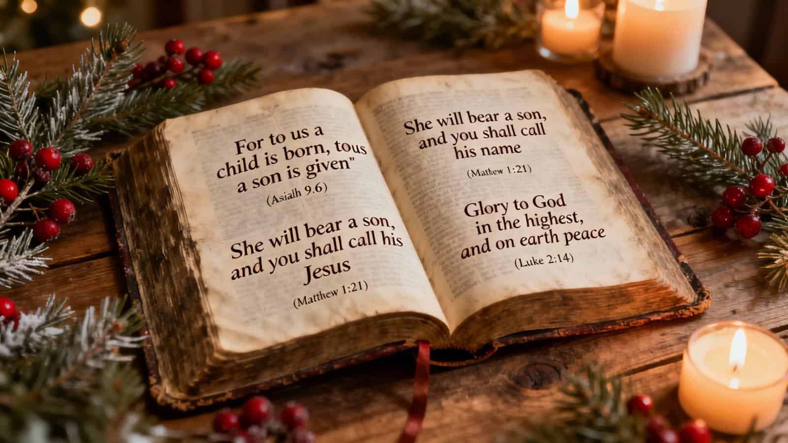 Beautiful open Bible displayed on a rustic wooden table, surrounded by holiday greenery and lit candles, emphasizing the biblical references related to Jesus' birth and the meaning of Christmas.