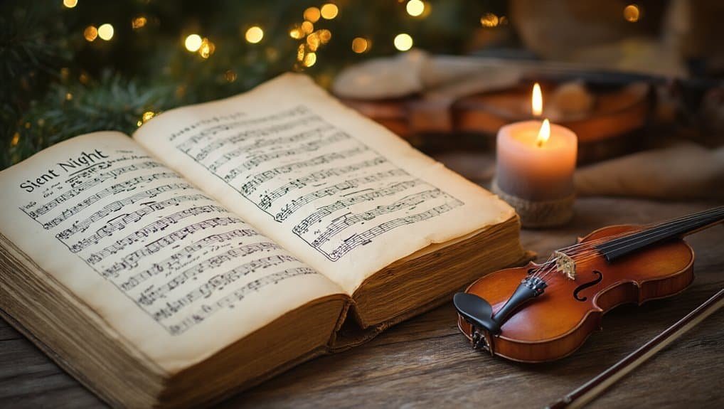 Old hymn book open with sheet music titled "Silent Night" on a wooden table with a lit candle, violin, and Christmas lights in the background, perfect for Christian music, religious worship, and Bible song inspiration.