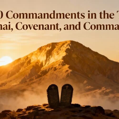 Sunset over volcanic mountain with biblical tablets in foreground, illustrating themes of the Ten Commandments, Sinai, covenant, and faith; ideal for Christian Bible study or religious inspiration.