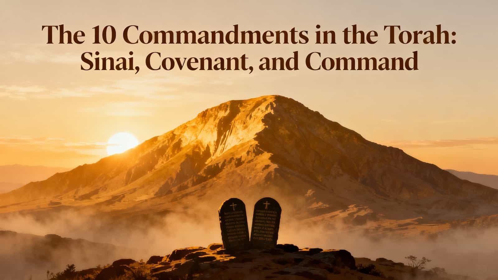 The 10 Commandments in the Torah: Sinai, Covenant, and Command My Bible Song 2026 Sunset over volcanic mountain with biblical tablets in foreground, illustrating themes of the Ten Commandments, Sinai, covenant, and faith; ideal for Christian Bible study or religious inspiration.
