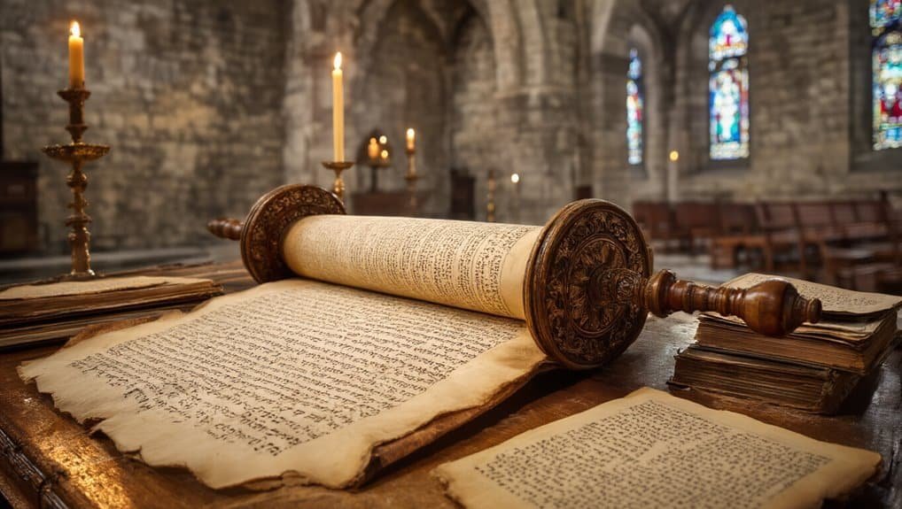 Ancient Jewish Torah scroll with candles in a historic church, emphasizing biblical study and religious worship.