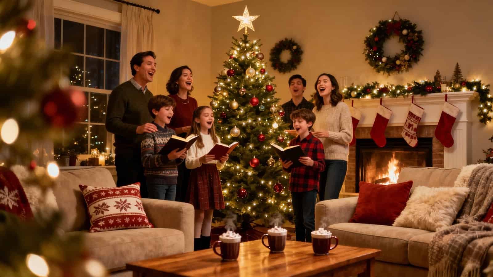 Joyful family singing Christmas carols around decorated tree in cozy home with festive holiday decorations, fireplace, and warm cozy atmosphere during holiday season.