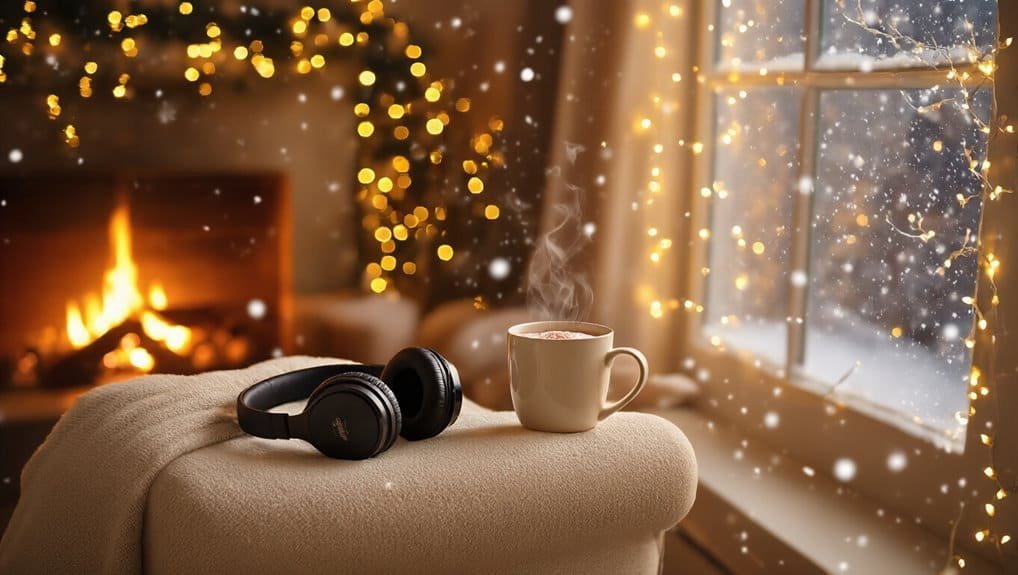 Relaxing Christmas Music for a Calm, Cozy Holiday My Bible Song 2026 Relaxing cozy scene with steaming hot coffee, headphones, and Christmas lights near a fireplace on a winter day. Perfect for enjoying heartfelt moments, worship music, and faith during the holiday season.