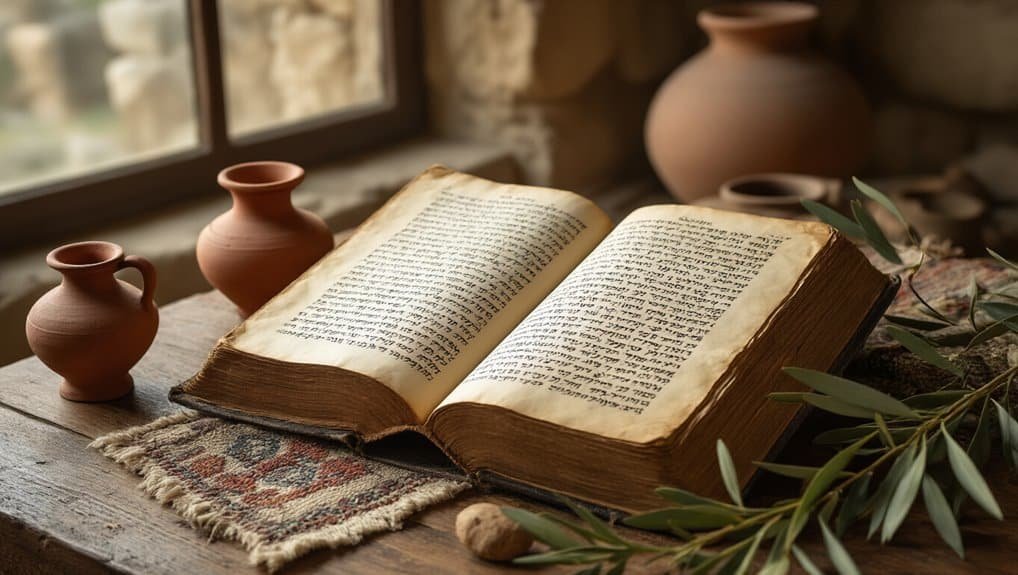 Ancient Hebrew Bible opened on a rustic wooden table with clay vases and greenery, emphasizing the significance of biblical scripture and Christian worship in spiritual practice.