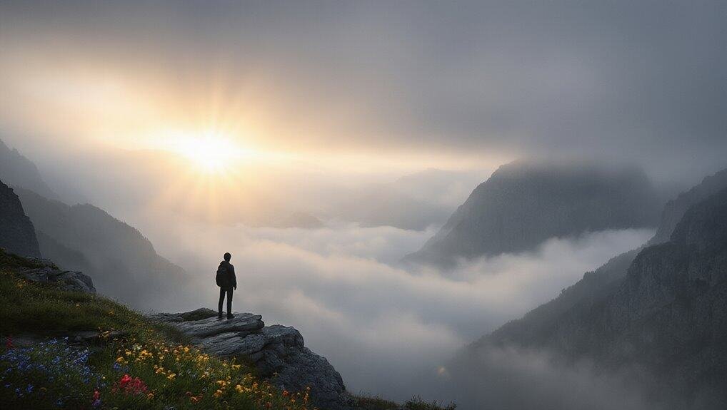 Bible Verses for Trusting God in Difficult Times My Bible Song 2026 Peaceful mountain landscape with a solitary person watching sunrise over clouds, illustrating spiritual reflection and divine guidance in nature.