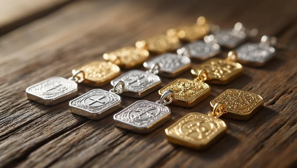 Shiny gold and silver religious medals with Christian symbols laid out on rustic wooden surface, representing faith and devotion, ideal for Christian prayer and inspiration.
