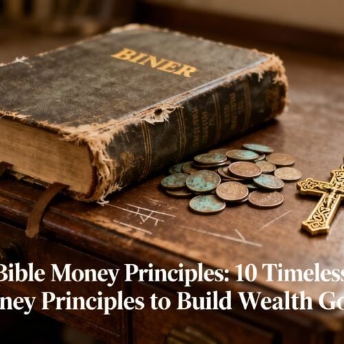 Old, worn Bible on wooden table with coins and a gold cross necklace, symbolizing biblical principles on wealth and money management from My Bible Song.