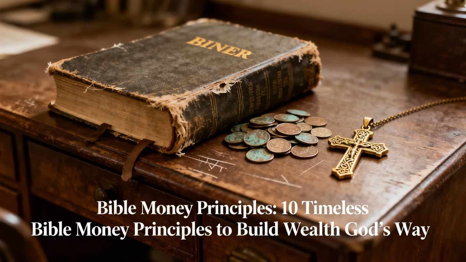 Old, worn Bible on wooden table with coins and a gold cross necklace, symbolizing biblical principles on wealth and money management from My Bible Song.