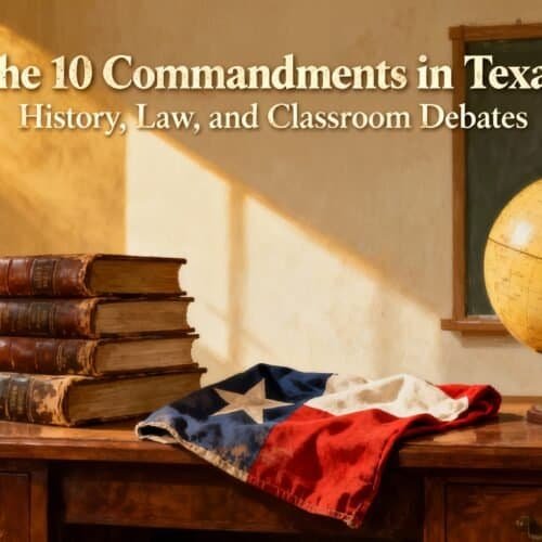 The 10 Commandments in Texas History, Law, and Classroom Debates My Bible Song 2026 Vintage classroom scene with antique textbooks, a world globe, and an American flag draped over a wooden desk, illustrating a history and law-themed educational setting.