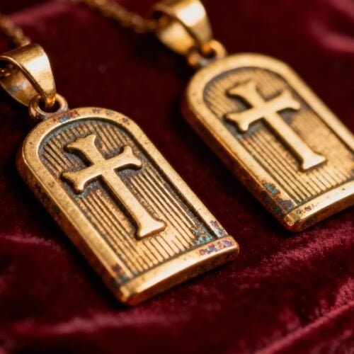 Golden cross necklaces with biblical symbols on a luxurious red velvet background.