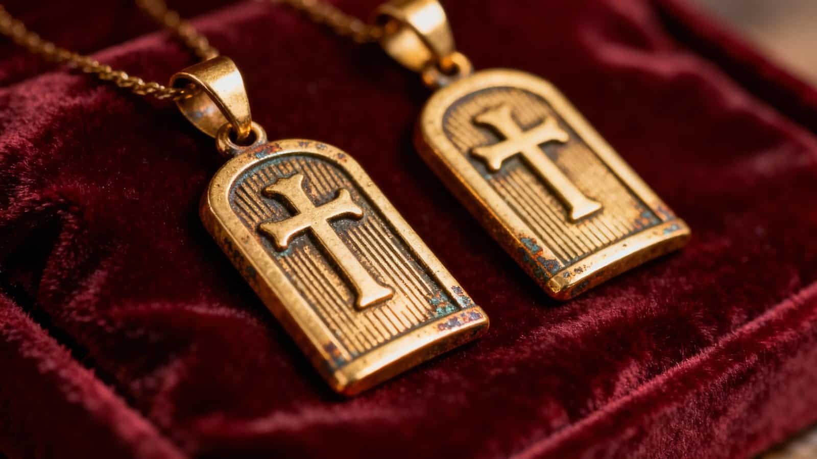 Golden cross necklaces with biblical symbols on a luxurious red velvet background.