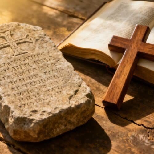 Ancient stone tablet with cross, open Bible, and wooden cross on rustic wooden surface, symbolizing Christian faith, biblical teachings, and religious devotion for spiritual connection and worship.