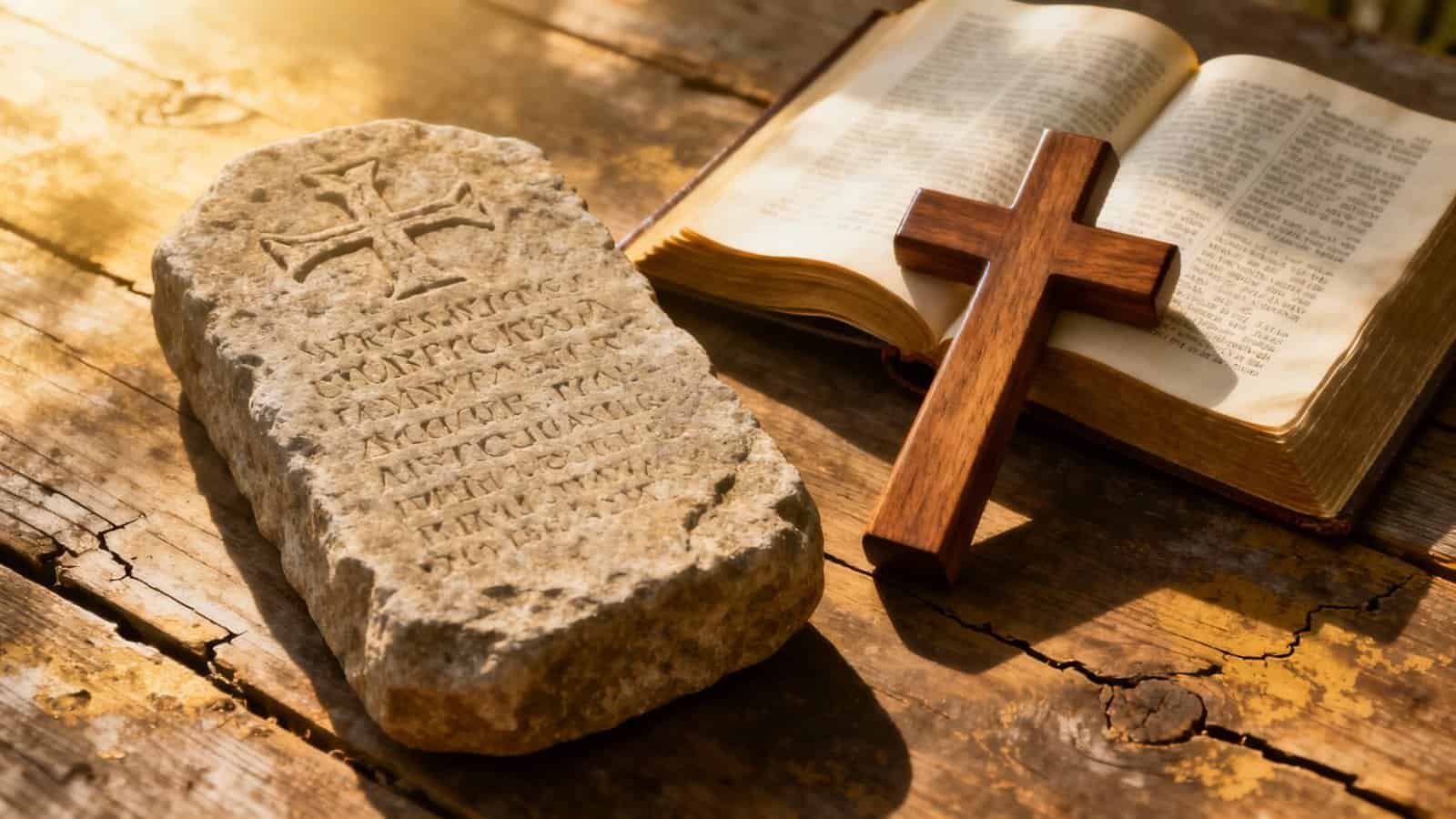 Ancient stone tablet with cross, open Bible, and wooden cross on rustic wooden surface, symbolizing Christian faith, biblical teachings, and religious devotion for spiritual connection and worship.