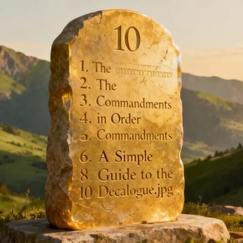 The 10 Commandments in Order A Simple Guide to the Decalogue My Bible Song 2026 Gold engraved stone depicting the Ten Commandments against a scenic mountainous backdrop, representing biblical teachings and Christian faith.