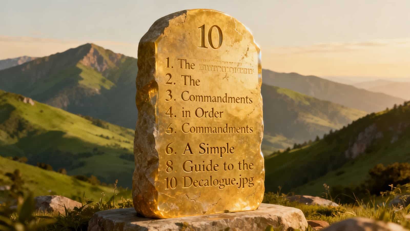 Gold engraved stone depicting the Ten Commandments against a scenic mountainous backdrop, representing biblical teachings and Christian faith.