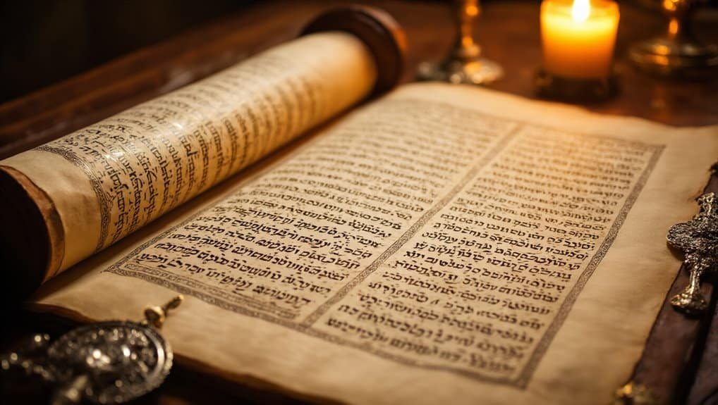 Ancient Hebrew scroll open on a wooden table with lit candles, creating a warm, sacred atmosphere for Bible reading and prayer.