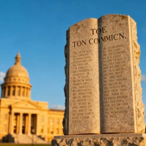Bible verse monument at the Texas State Capitol, symbolizing faith and scripture, with clear blue sky and soft evening light highlighting the importance of biblical teachings in American history.