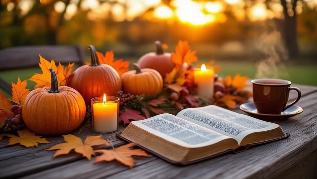 Pumpkins, autumn leaves, candles, open Bible, and a steaming cup of tea on a wooden table during sunset, representing a cozy fall Bible study or devotional scene.