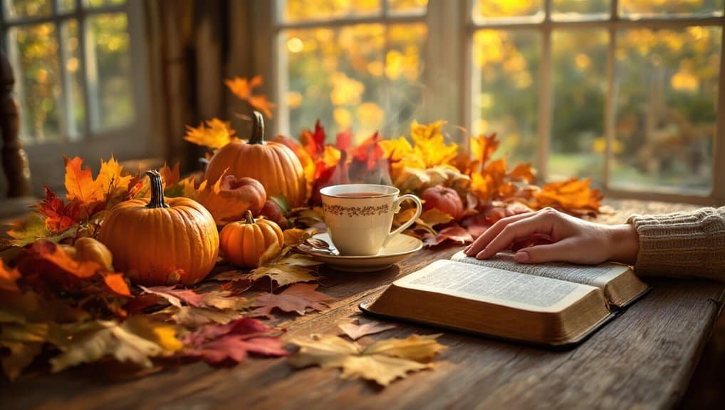 Pumpkins, autumn leaves, and a steaming cup of tea on a rustic table, with an open Bible, creating a cozy fall Bible study or prayer scene. Perfect for autumn-themed faith and spiritual reflection images.
