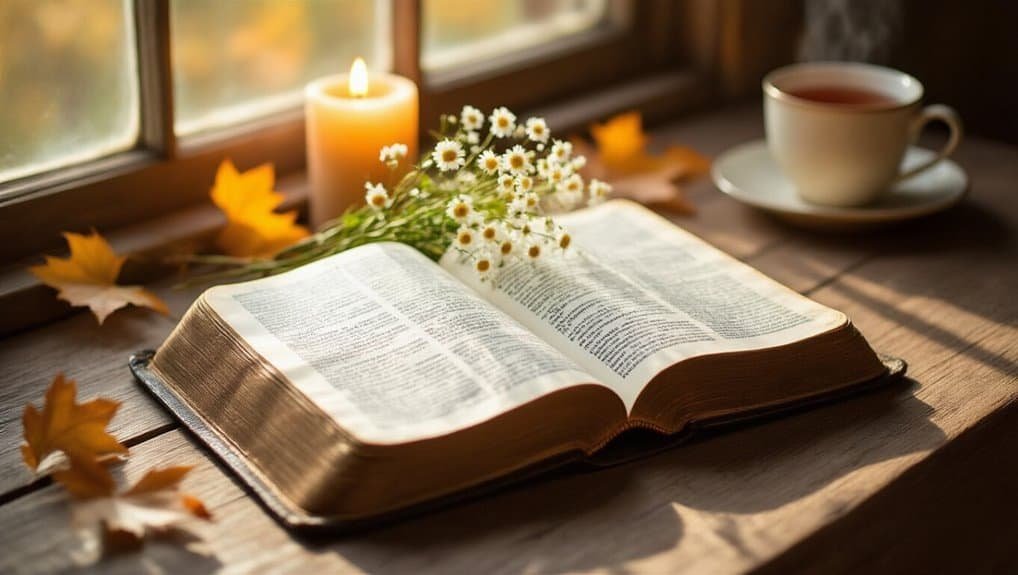 Bible Verses for Thankfulness My Bible Song 2025 Open Bible with flowers, candle, and coffee on a wooden table, creating a peaceful and spiritual atmosphere for prayer, worship, and Bible study; perfect for Christian devotion and faith.