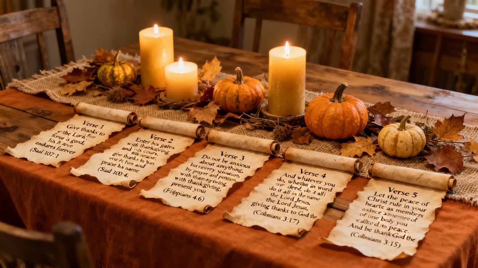 Autumn-themed table with lit candles, small pumpkins, fallen leaves, and Scripture verses for a cozy fall celebration.