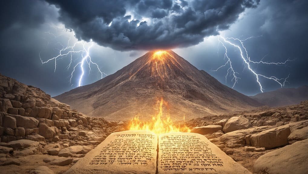 The 10 Commandments in the Torah: Sinai, Covenant, and Command My Bible Song 2026 Vivid image of biblical scene with a mountain, stormy sky, lightning, and an open sacred book on fire, representing the powerful imagery of faith, spirituality, and biblical teachings from My Bible Song.