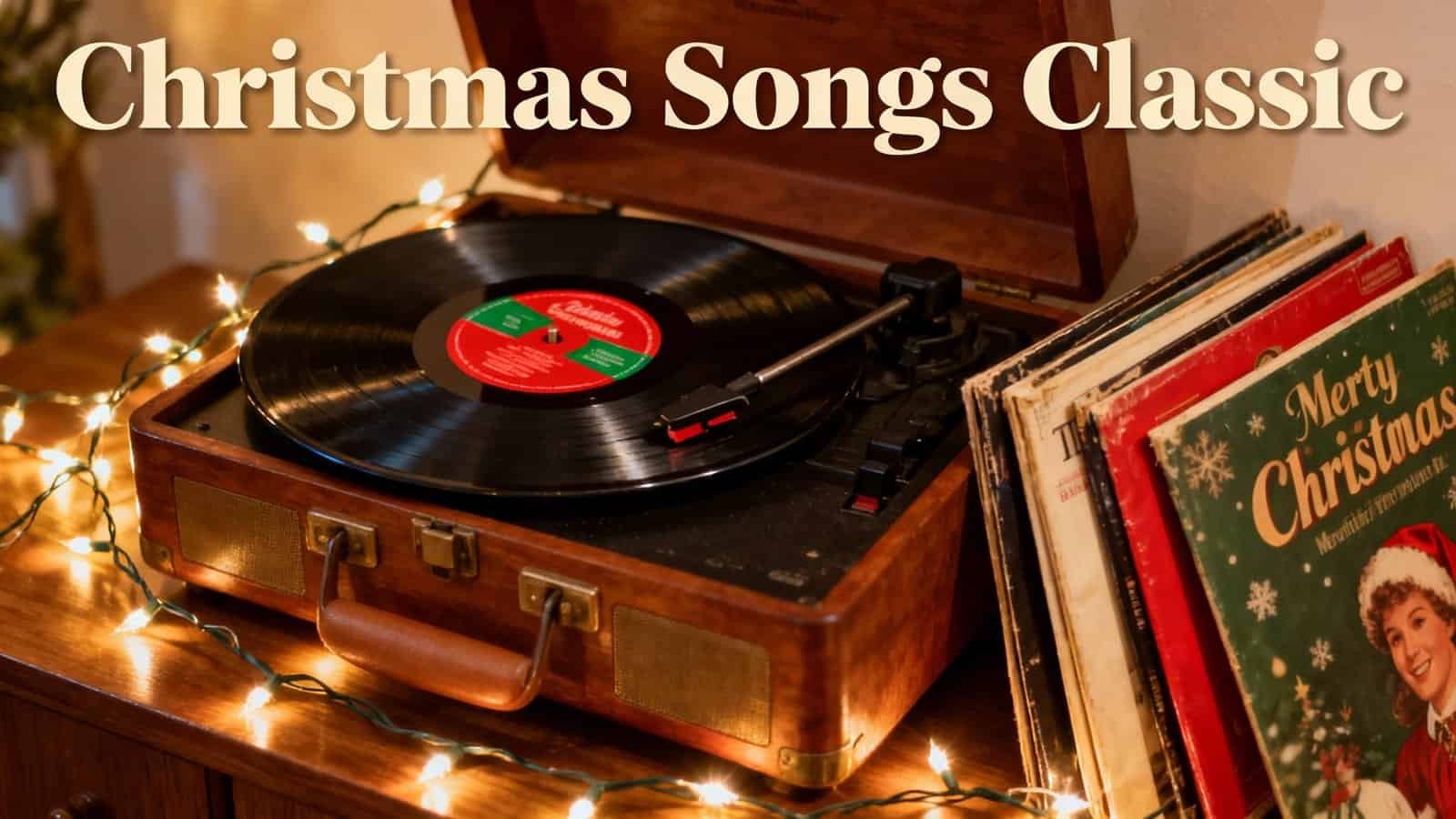 Vintage record player with Christmas songs, vinyl records, and festive string lights creating a cozy holiday ambiance.