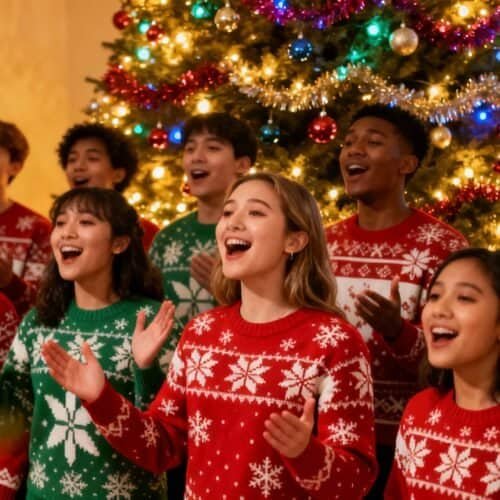 Top Christmas Carol Songs to Celebrate the Season My Bible Song 2026 Joyful children singing Christmas carols around a decorated Christmas tree, emphasizing holiday cheer, festive celebration, and family gatherings for SEO.