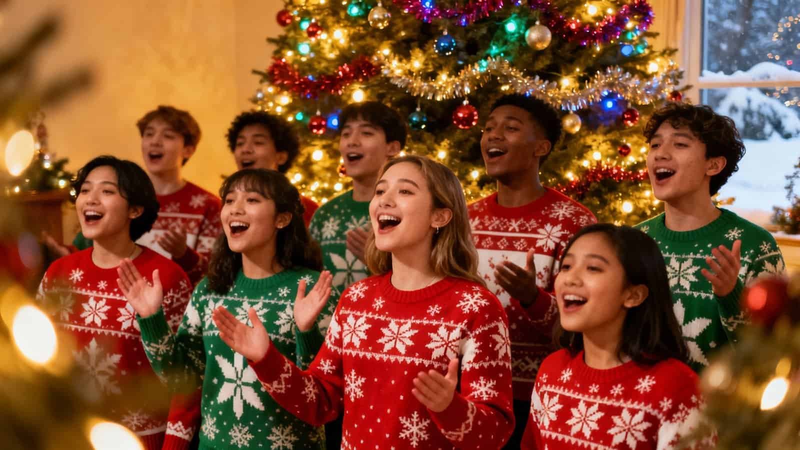 Joyful children singing Christmas carols around a decorated Christmas tree, emphasizing holiday cheer, festive celebration, and family gatherings for SEO.